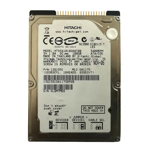 Hitachi 100 GB 2.5" 5400 RPM 8 MB IDE PATA Hard Disk Drive HDD HTS541010G9AT00