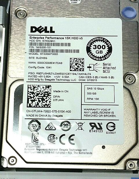 DELL 7FJW4 07FJW4 300GB 15K SAS 12Gbps 2.5" HARD DRIVE IN HYBRID GEN 13 TRAY